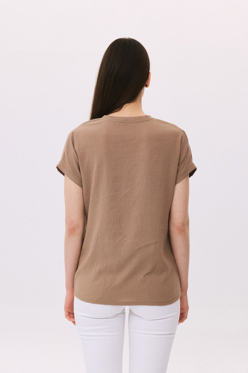 Daido Kadın V Yaka Taş Detaylı Kısa Kollu Bluz 6259 Vizon - 4