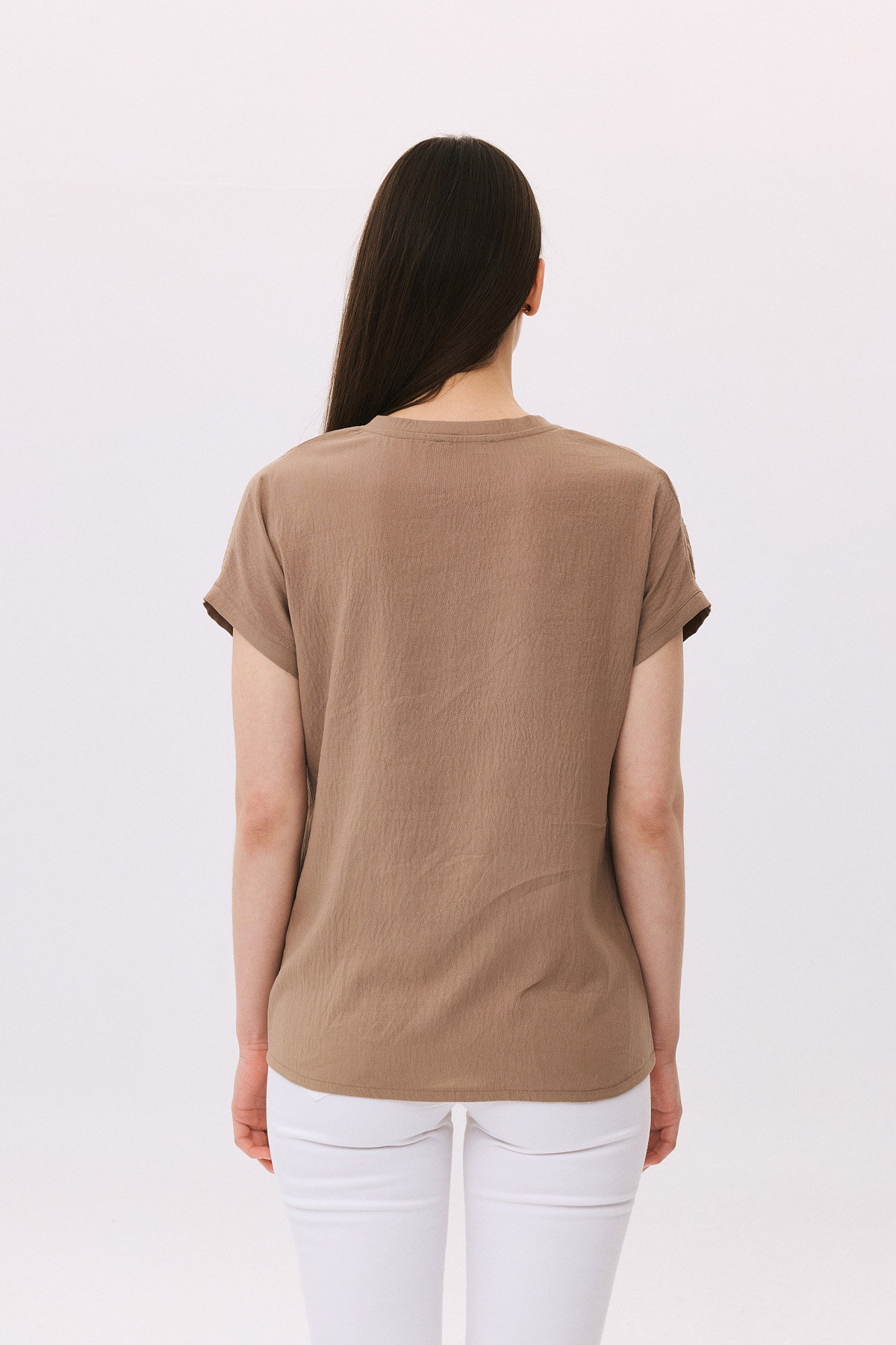 Daido Kadın V Yaka Taş Detaylı Kısa Kollu Bluz 6259 Vizon - 4