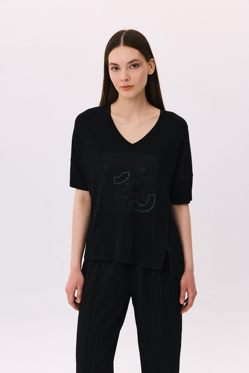 Daido Kadın V Yaka Taş Süslemeli Kısa Kollu Bluz 6214 Siyah - Daido