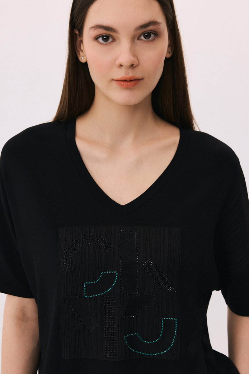 Daido Kadın V Yaka Taş Süslemeli Kısa Kollu Bluz 6214 Siyah - 3