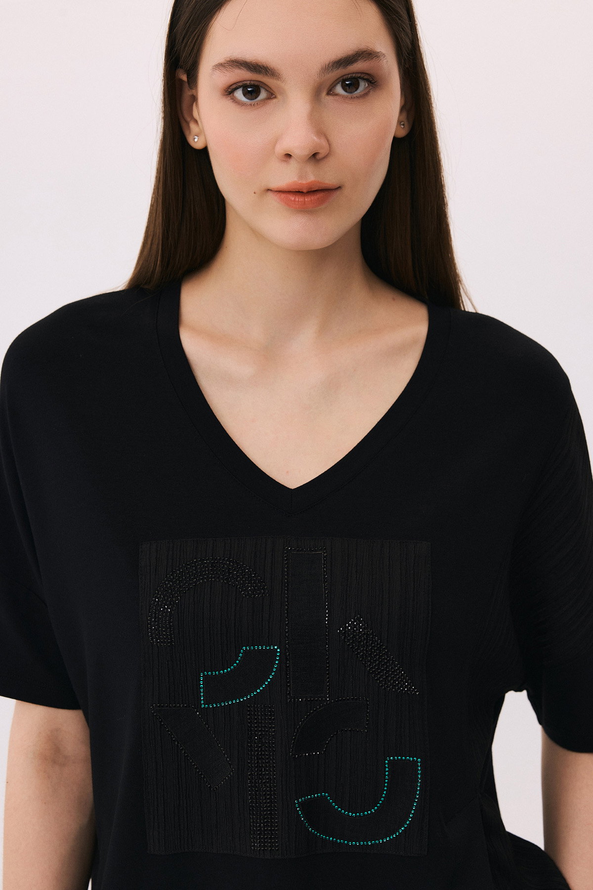 Daido Kadın V Yaka Taş Süslemeli Kısa Kollu Bluz 6214 Siyah - 3