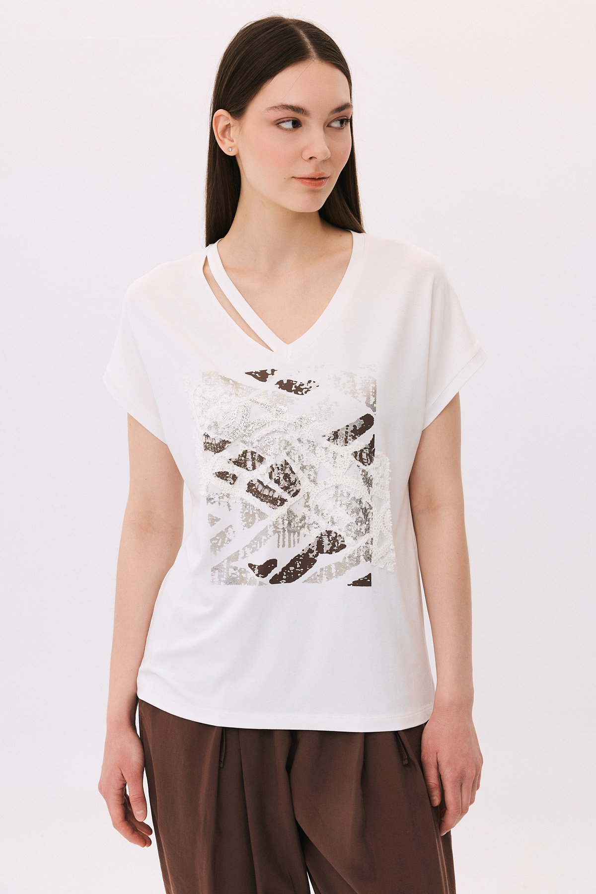 Daido Kadın Yaka Detaylı Desenli Pamuklu Penye Bluz 6243 Ekru - 1