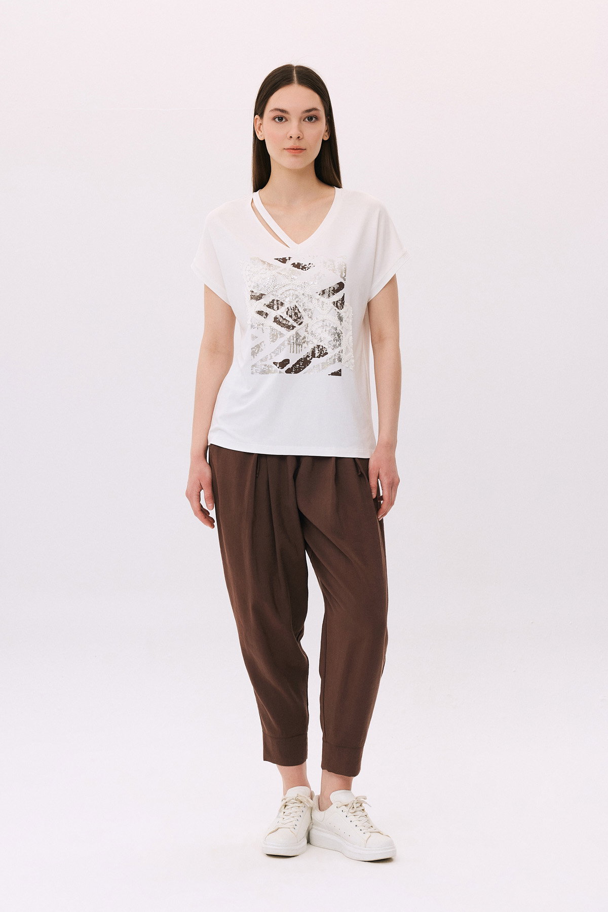 Daido Kadın Yaka Detaylı Desenli Pamuklu Penye Bluz 6243 Ekru - 2