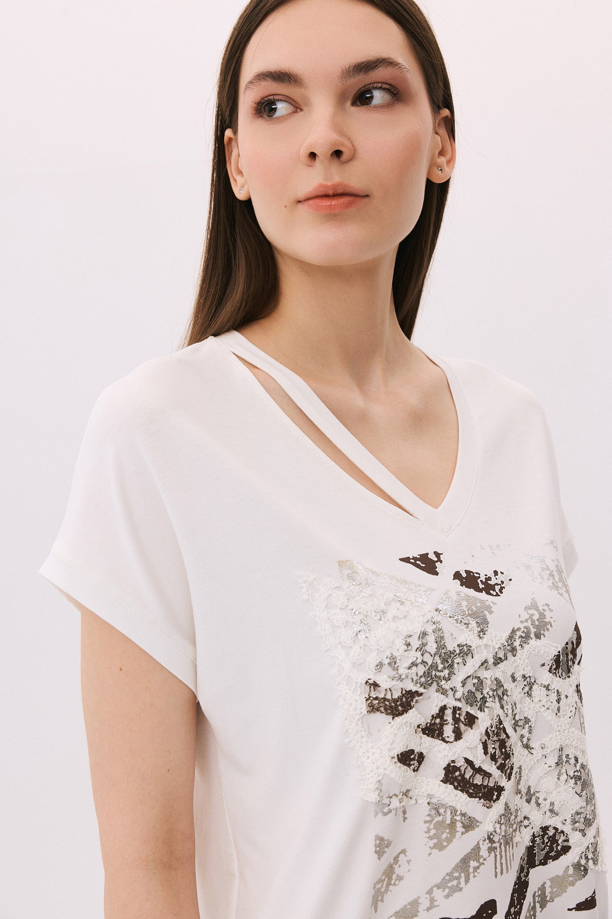 Daido Kadın Yaka Detaylı Desenli Pamuklu Penye Bluz 6243 Ekru - 3