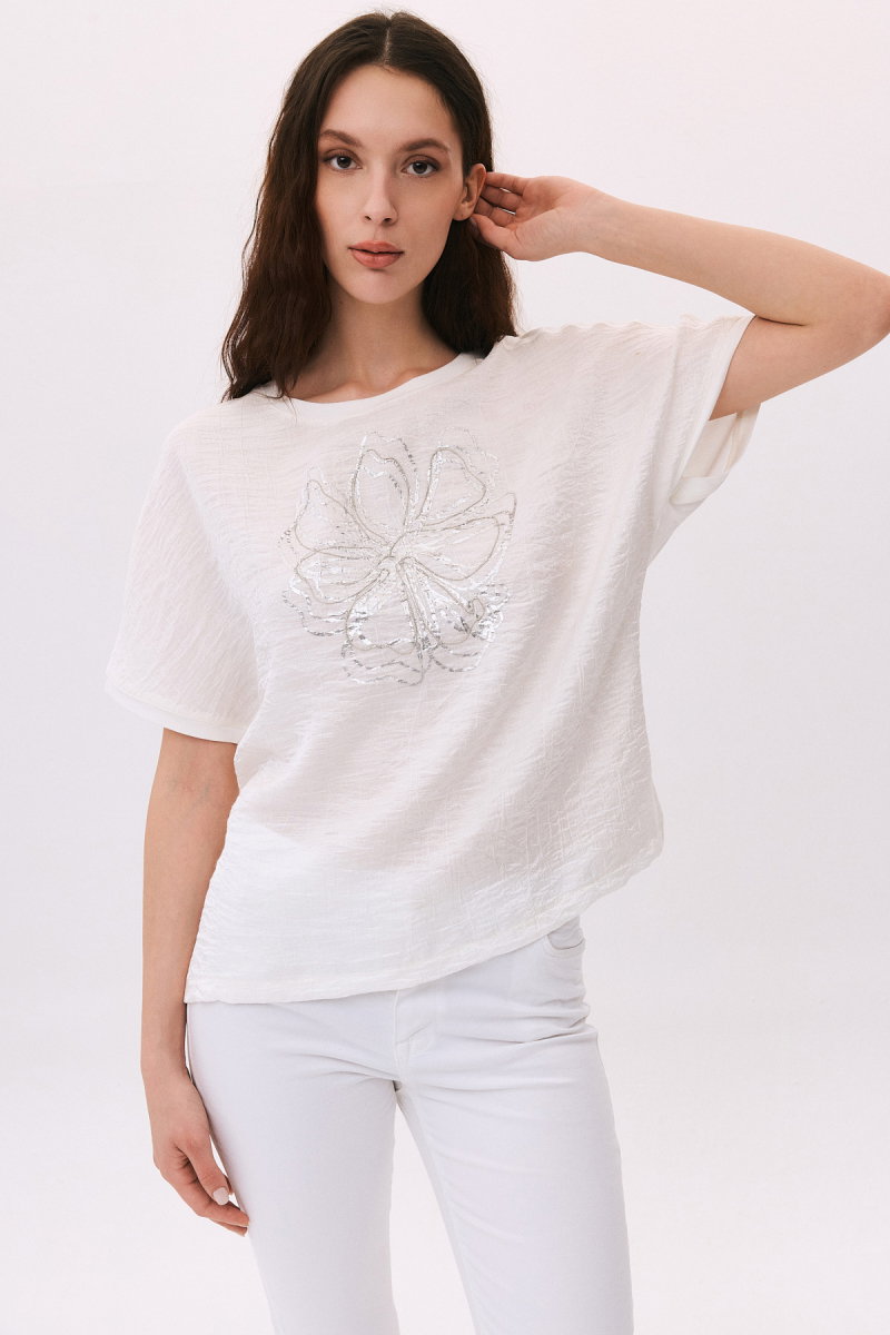 Daido Kadın Yuvarlak Yaka Kısa Kollu Desenli T-Shirt 6217 Ekru - Daido