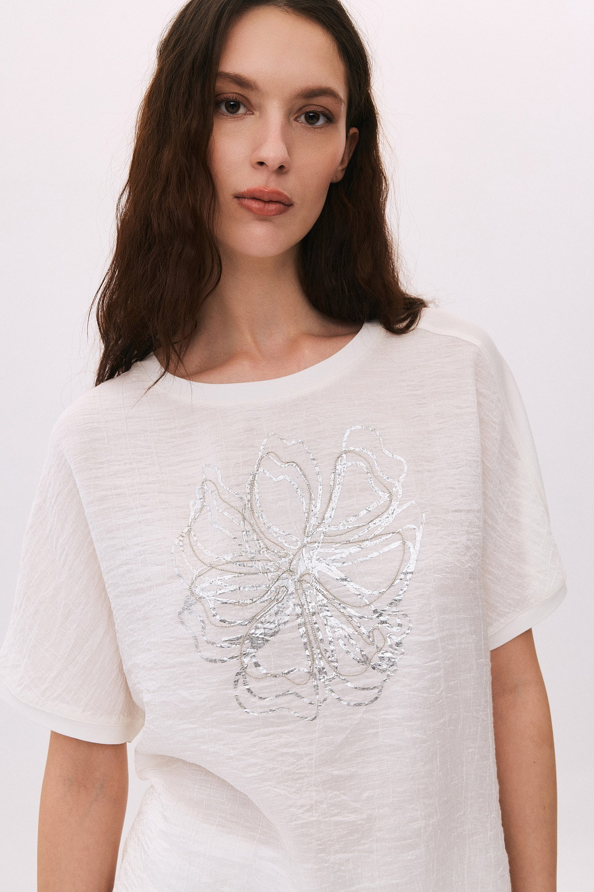 Daido Kadın Yuvarlak Yaka Kısa Kollu Desenli T-Shirt 6217 Ekru - 3