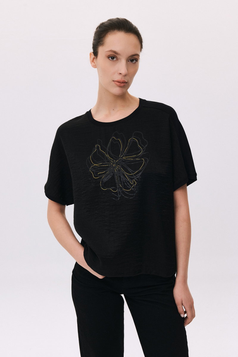 Daido Kadın Yuvarlak Yaka Kısa Kollu Desenli T-Shirt 6217 Siyah - Daido