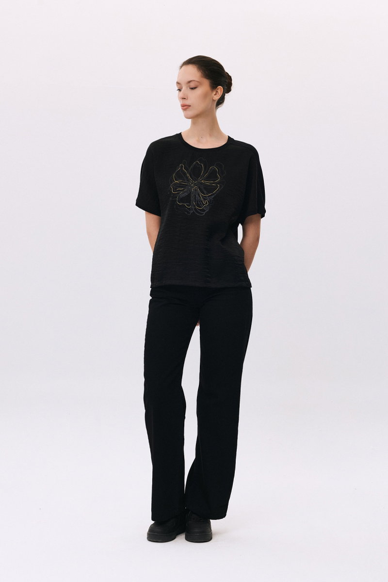 Daido Kadın Yuvarlak Yaka Kısa Kollu Desenli T-Shirt 6217 Siyah - 2