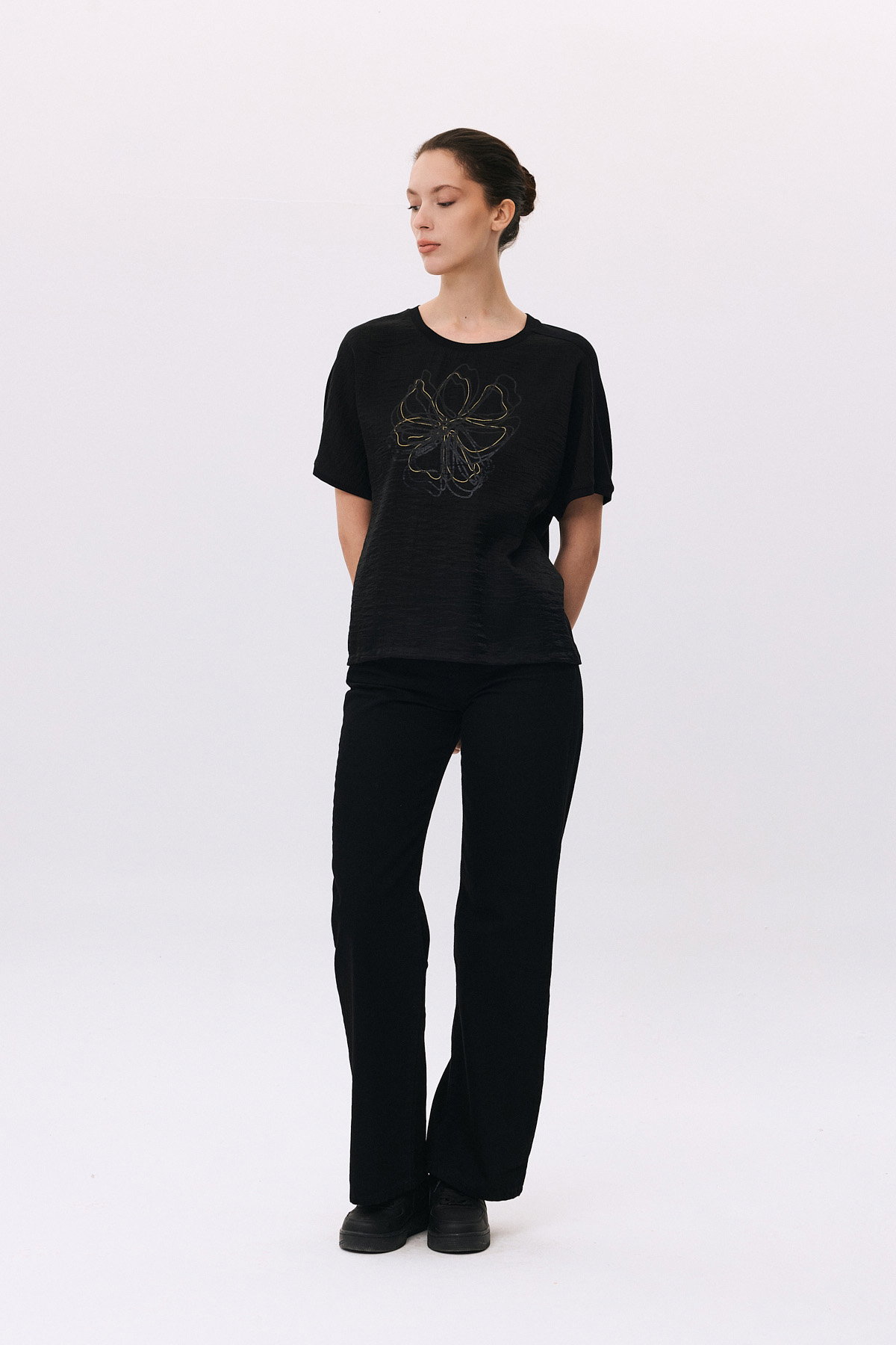 Daido Kadın Yuvarlak Yaka Kısa Kollu Desenli T-Shirt 6217 Siyah - 2