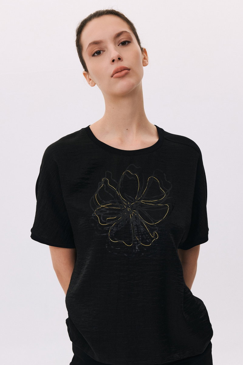 Daido Kadın Yuvarlak Yaka Kısa Kollu Desenli T-Shirt 6217 Siyah - 3