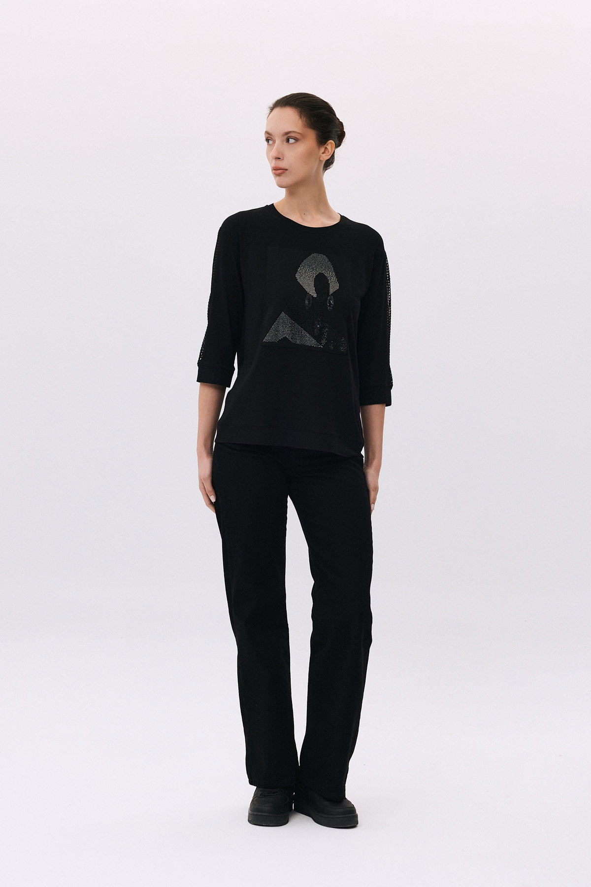 Daido Kadın Yuvarlak Yaka Truvakar Kol Penye T-Shirt 6242 Siyah - 2