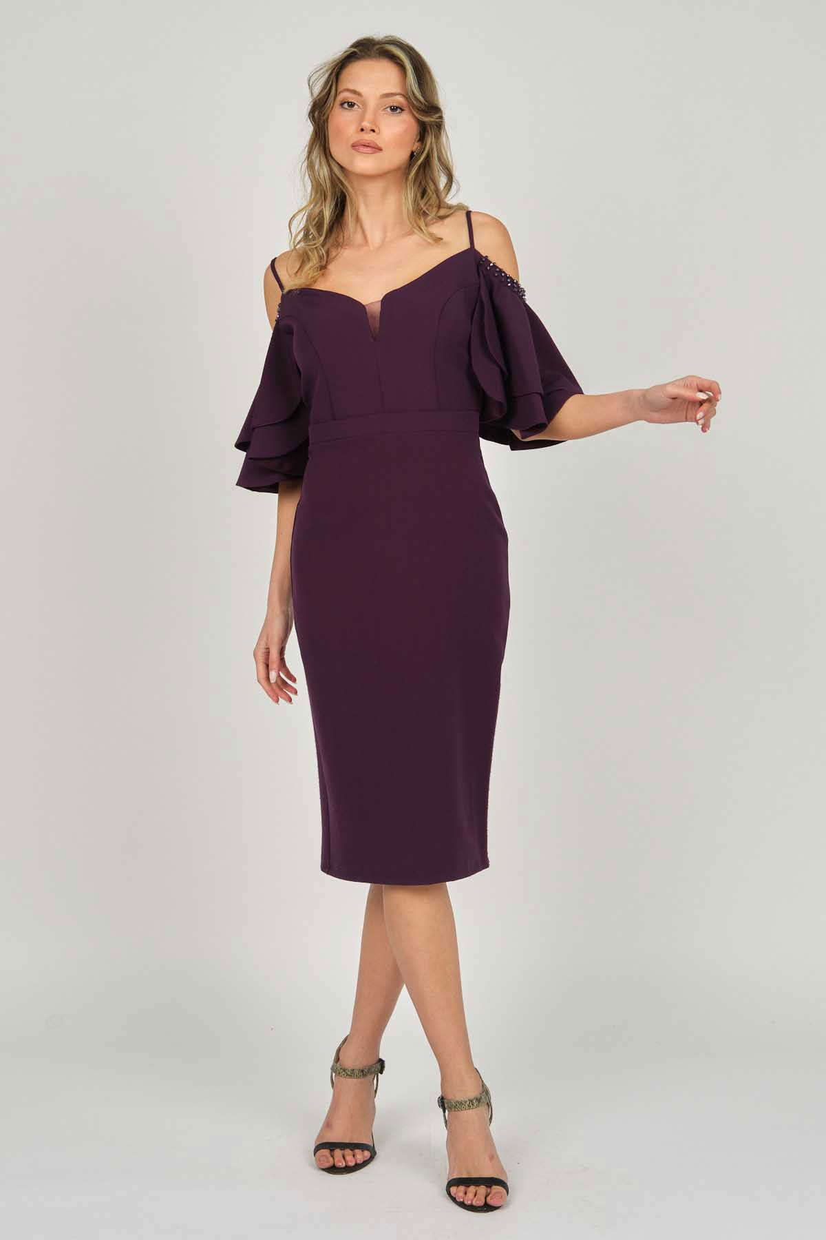 Dans Kadın Düşük Kollu Araboy Abiye Elbise 5279783 Mürdüm - 2