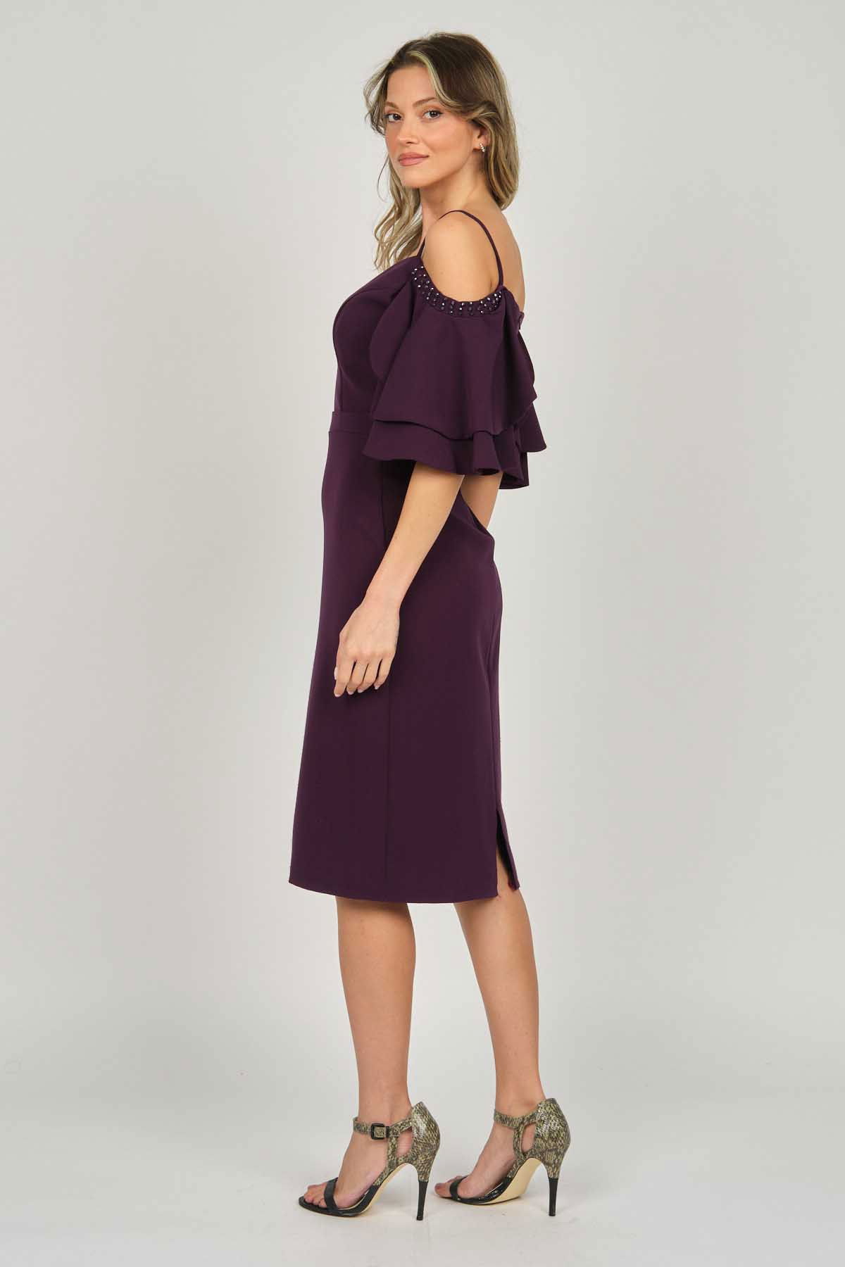 Dans Kadın Düşük Kollu Araboy Abiye Elbise 5279783 Mürdüm - 4