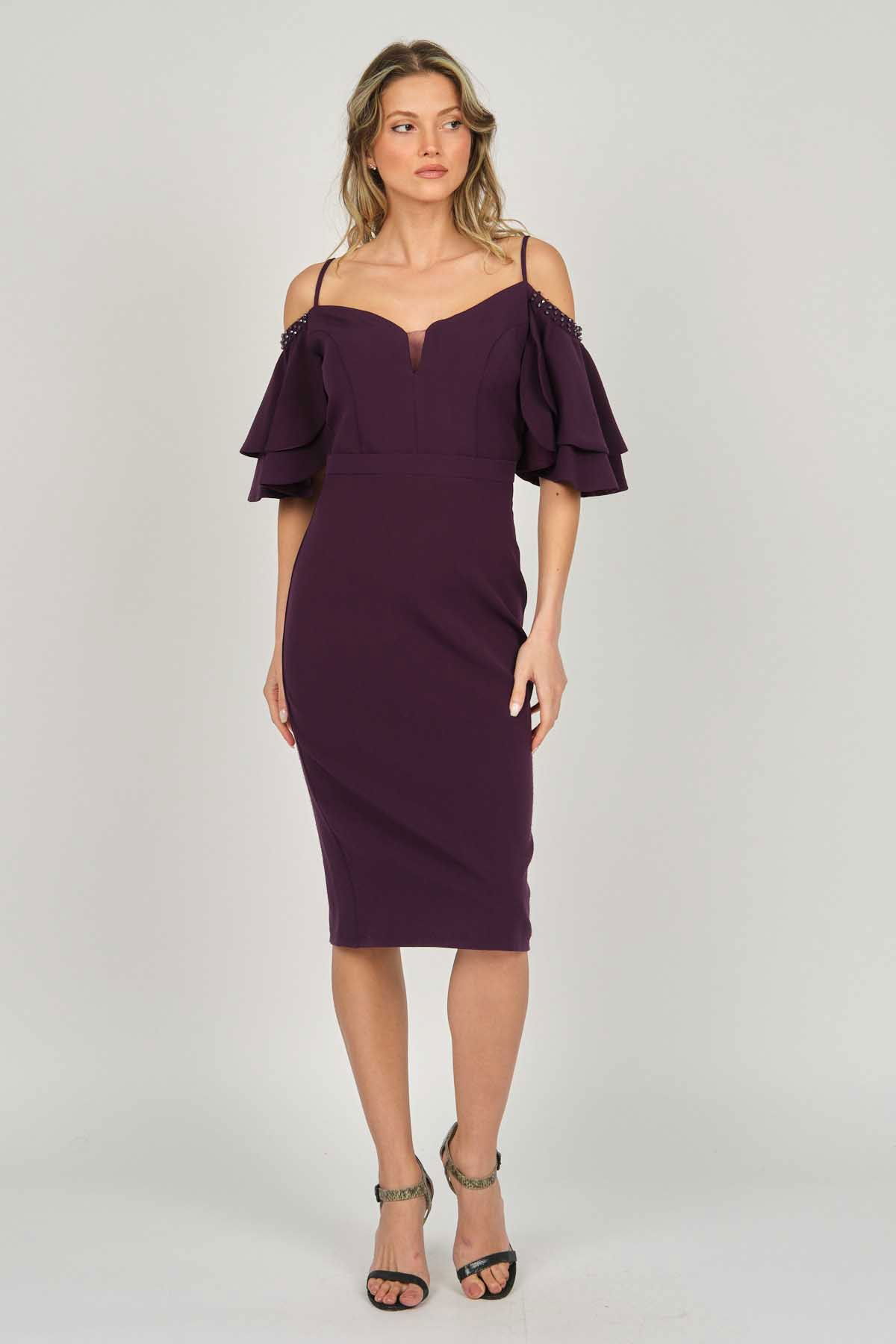 Dans Kadın Düşük Kollu Araboy Abiye Elbise 5279783 Mürdüm - 7