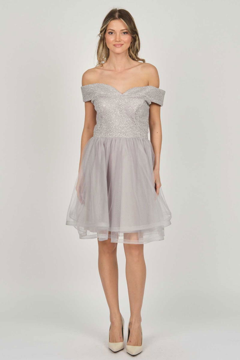 Dans Kadın Düşük Omuz Abiye Elbise 5270928 Gri - Dans