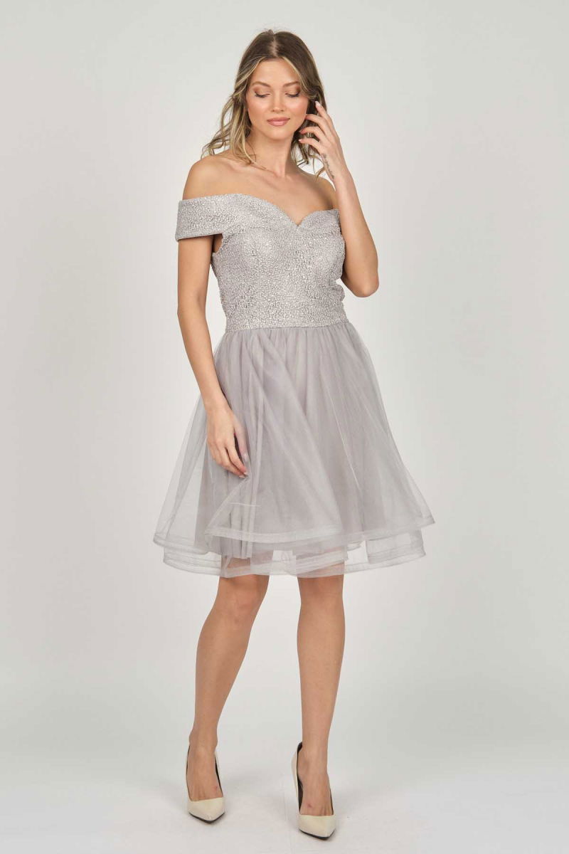 Dans Kadın Düşük Omuz Abiye Elbise 5270928 Gri - 2