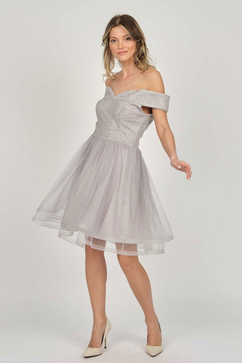 Dans Kadın Düşük Omuz Abiye Elbise 5270928 Gri - 3