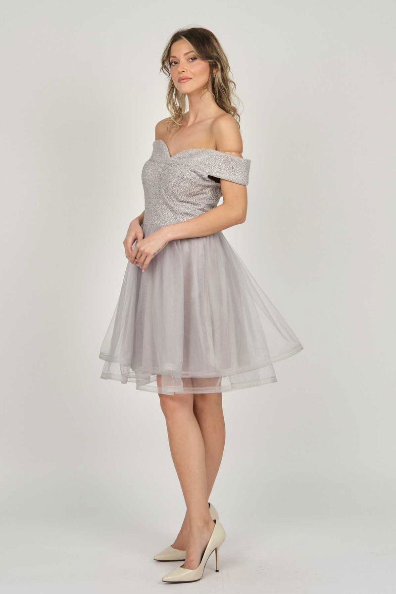 Dans Kadın Düşük Omuz Abiye Elbise 5270928 Gri - 4