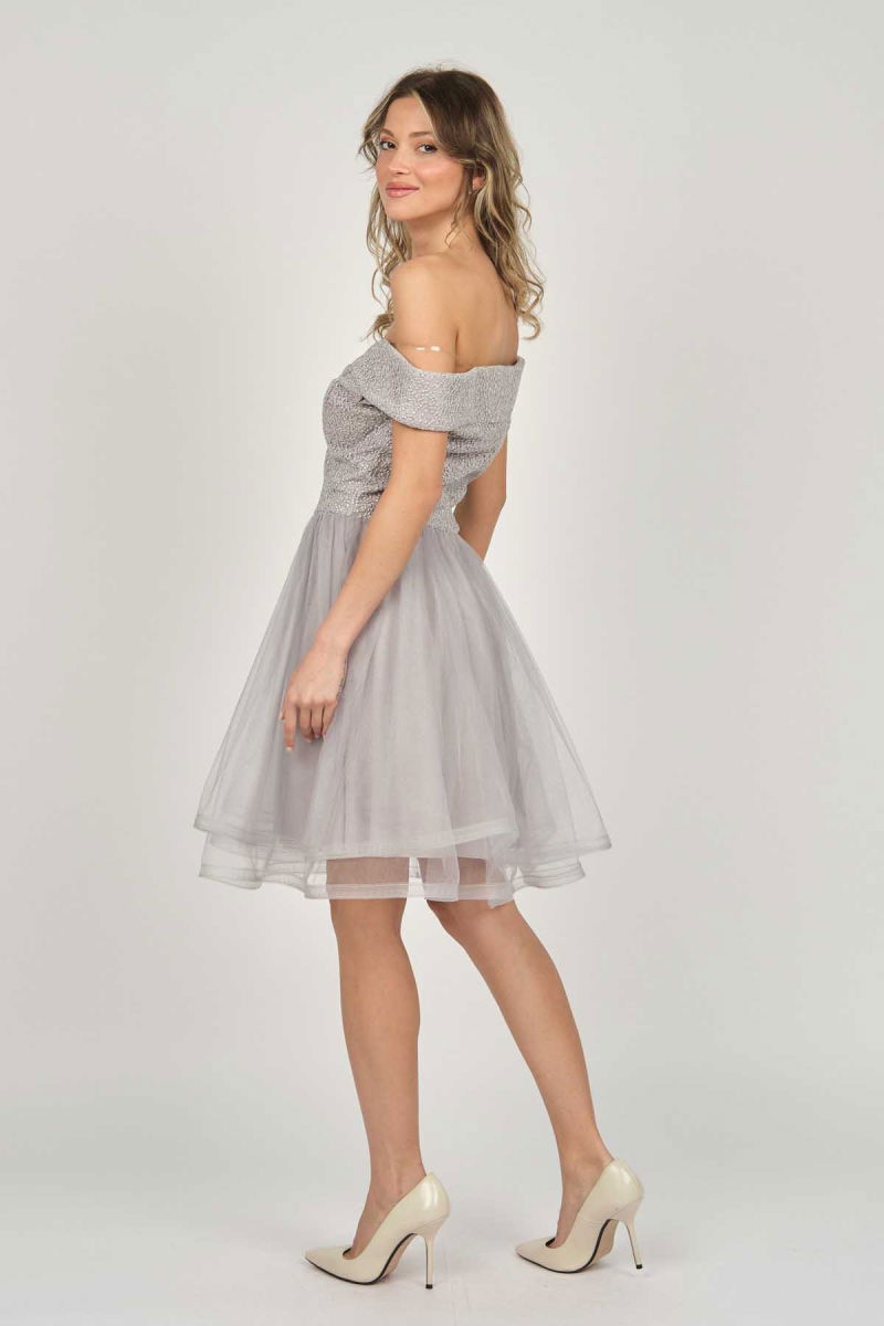 Dans Kadın Düşük Omuz Abiye Elbise 5270928 Gri - 5