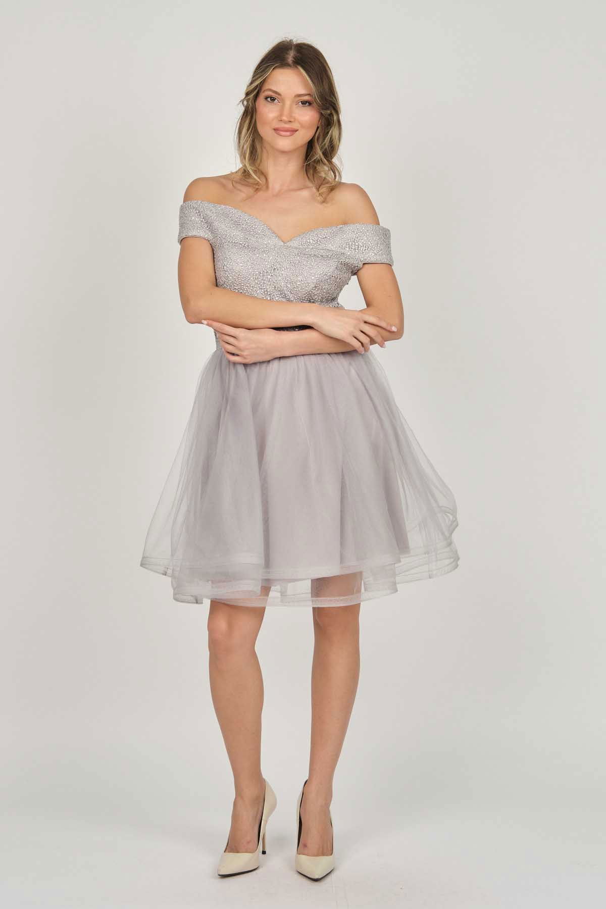 Dans Kadın Düşük Omuz Abiye Elbise 5270928 Gri - 6