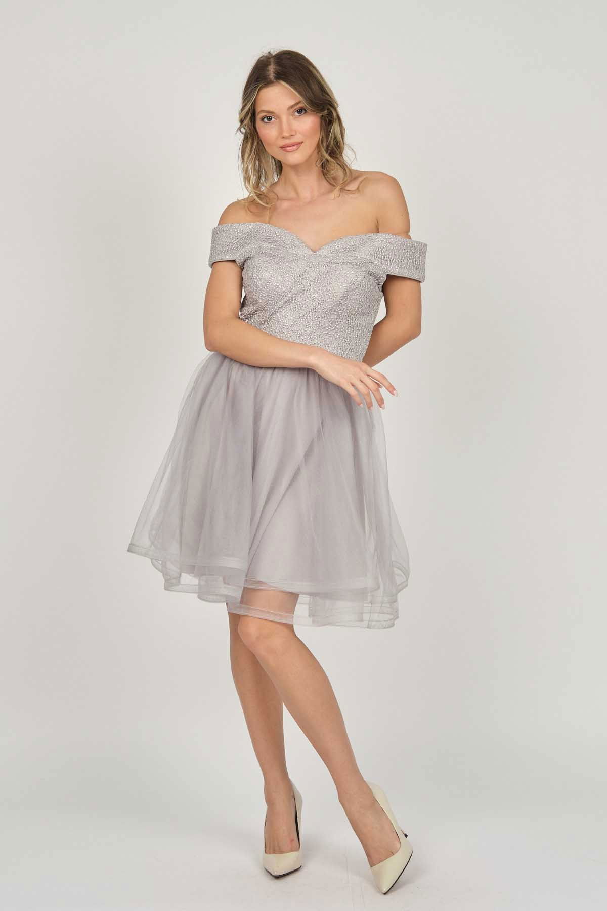 Dans Kadın Düşük Omuz Abiye Elbise 5270928 Gri - 7