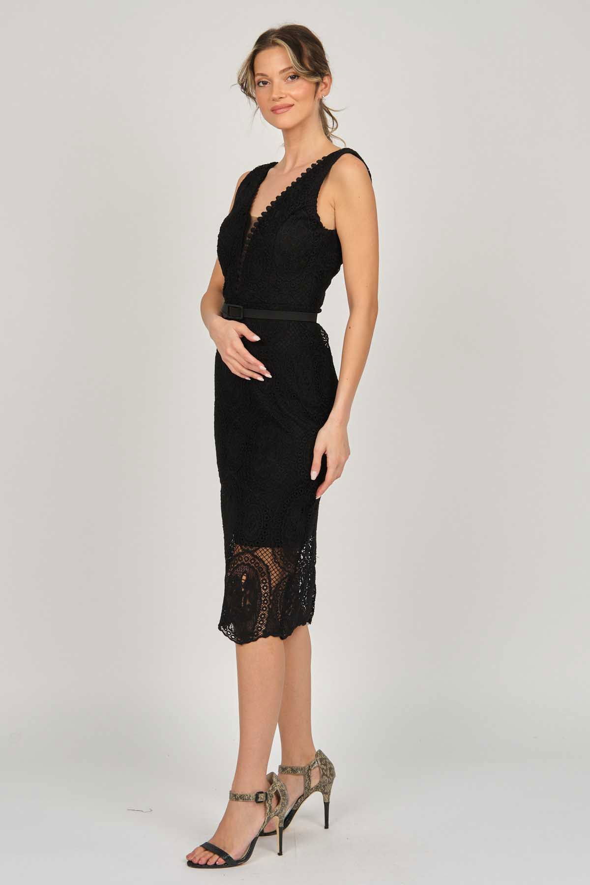 Dans Kadın Kolsuz Dantel Abiye Elbise 5271985 Siyah - 6