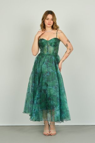 Dans Kadın Tül Detaylı Midiboy Abiye Elbise 1579 Yeşil - 2