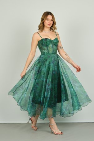 Dans Kadın Tül Detaylı Midiboy Abiye Elbise 1579 Yeşil - 3