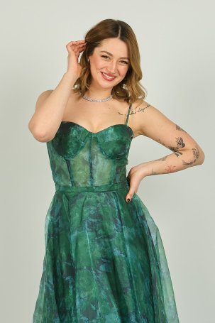 Dans Kadın Tül Detaylı Midiboy Abiye Elbise 1579 Yeşil - 4