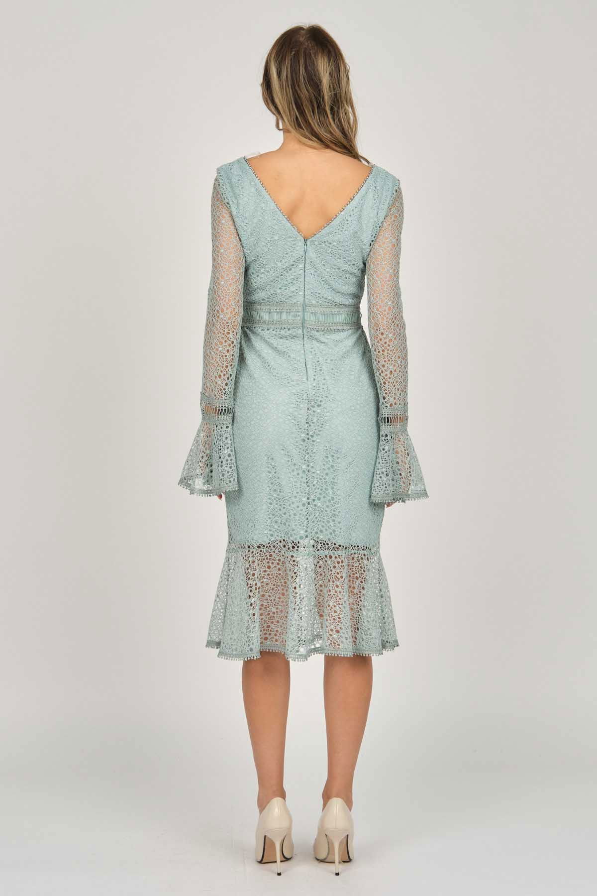 Dans Kadın Uzun Kol Güpürlü Midi Abiye Elbise 5271239 Mint - 5