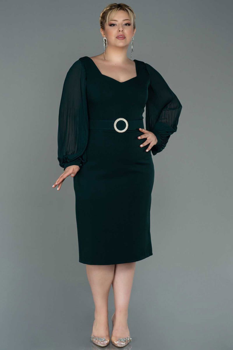 Dans Kadın Uzun Kol Kemerli Midi Büyük Beden Abiye Elbise 1481 Zümrüt - Dans