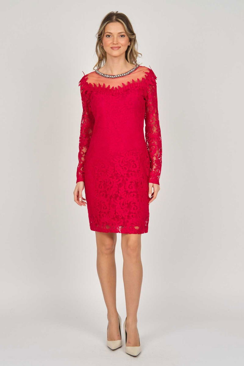 Dans Kadın Uzun Kollu Dantelli Abiye Elbise 5279659 Kırmızı - Dans