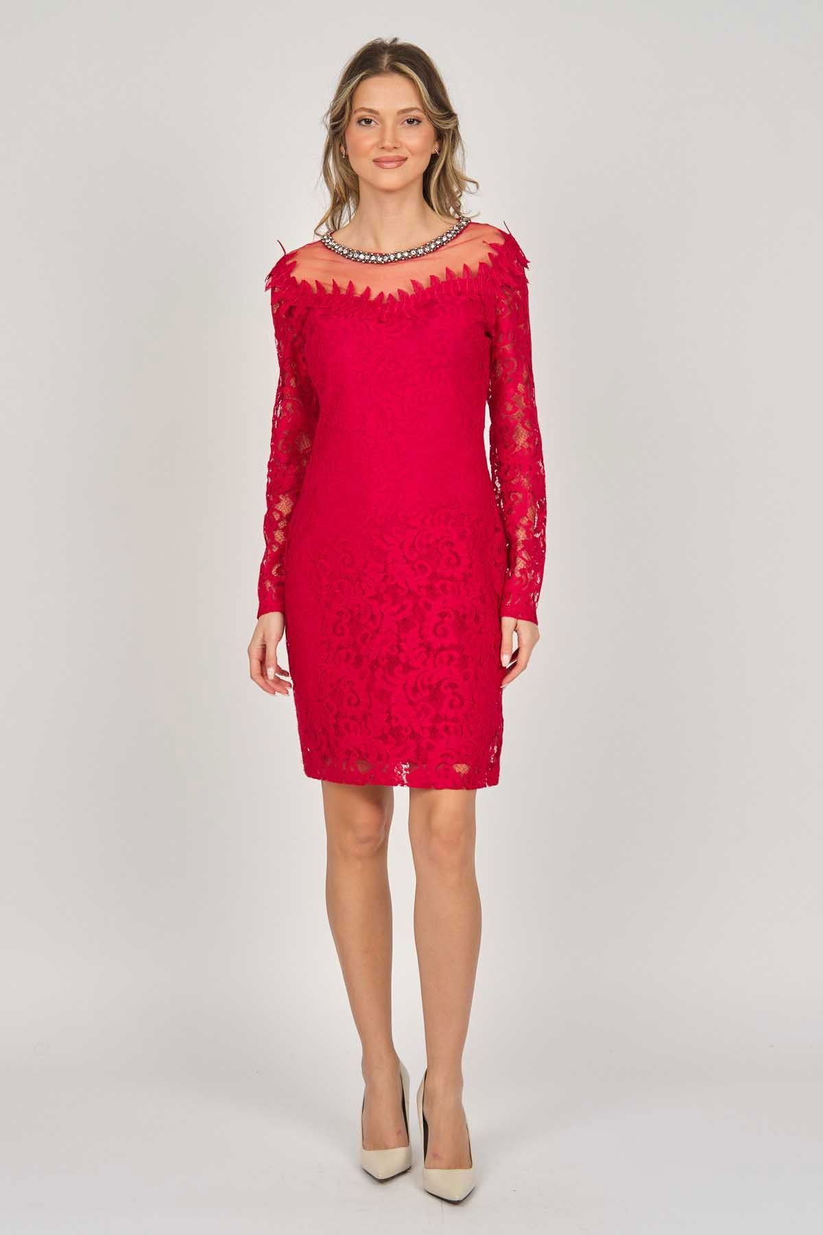 Dans Kadın Uzun Kollu Dantelli Abiye Elbise 5279659 Kırmızı - 1