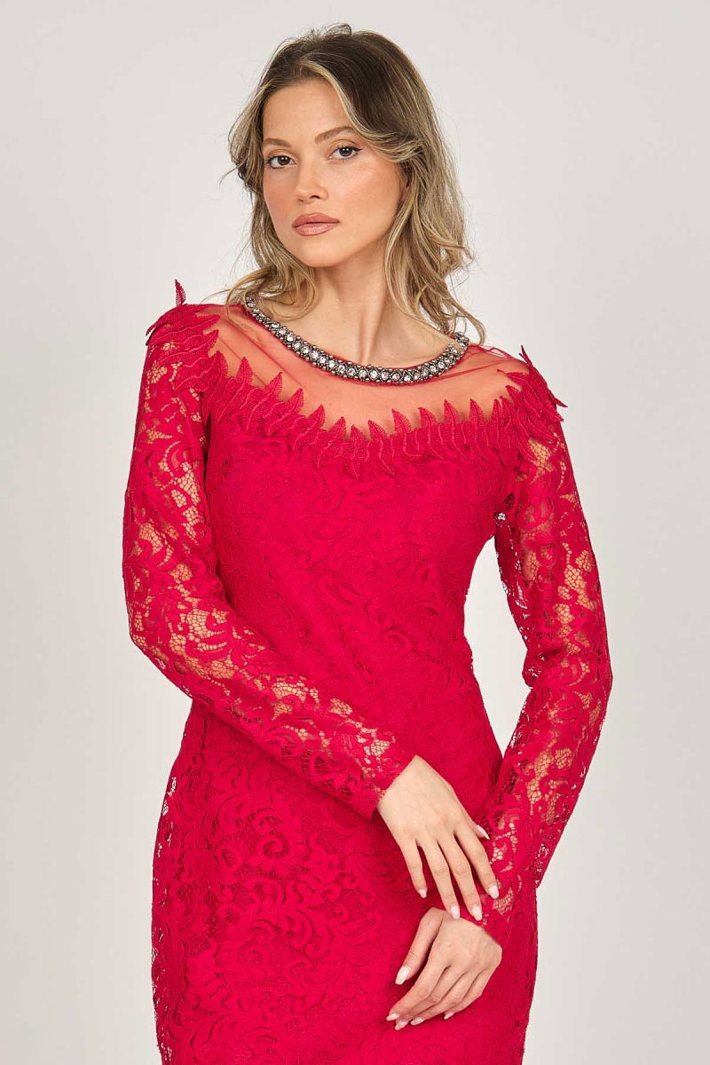 Dans Kadın Uzun Kollu Dantelli Abiye Elbise 5279659 Kırmızı - 2