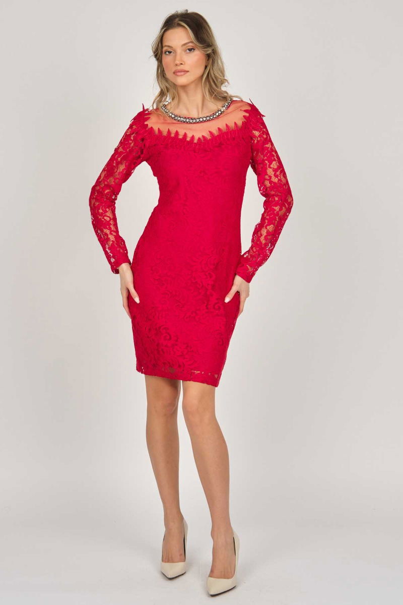 Dans Kadın Uzun Kollu Dantelli Abiye Elbise 5279659 Kırmızı - 3