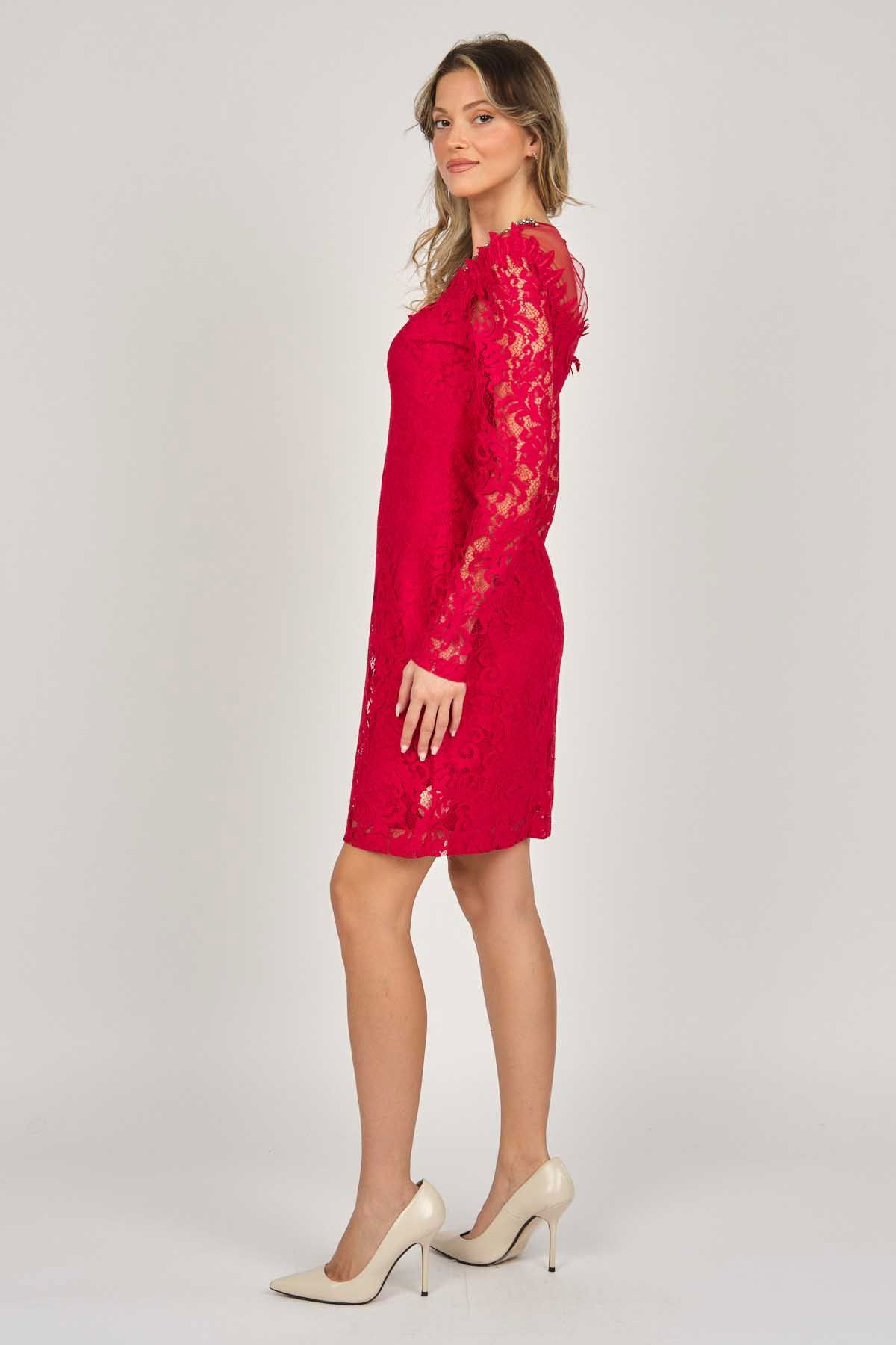 Dans Kadın Uzun Kollu Dantelli Abiye Elbise 5279659 Kırmızı - 4
