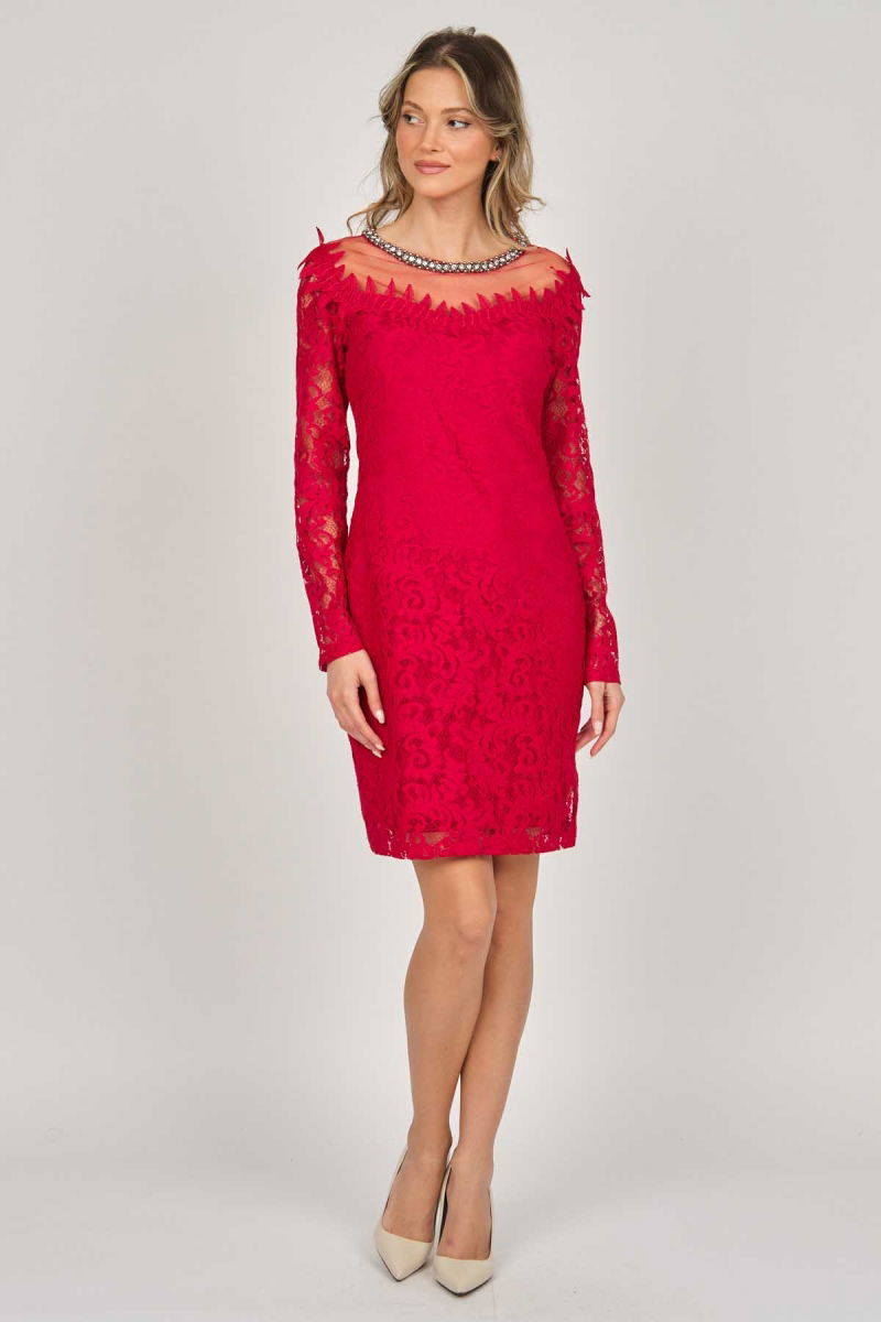 Dans Kadın Uzun Kollu Dantelli Abiye Elbise 5279659 Kırmızı - 7