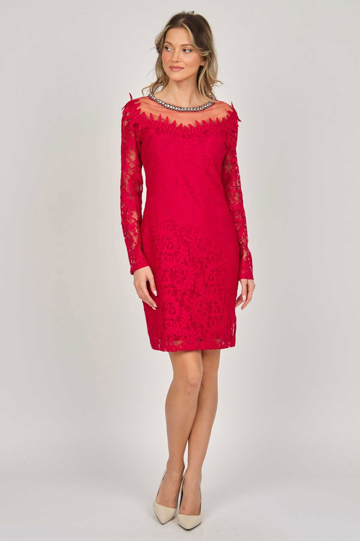 Dans Kadın Uzun Kollu Dantelli Abiye Elbise 5279659 Kırmızı - 7