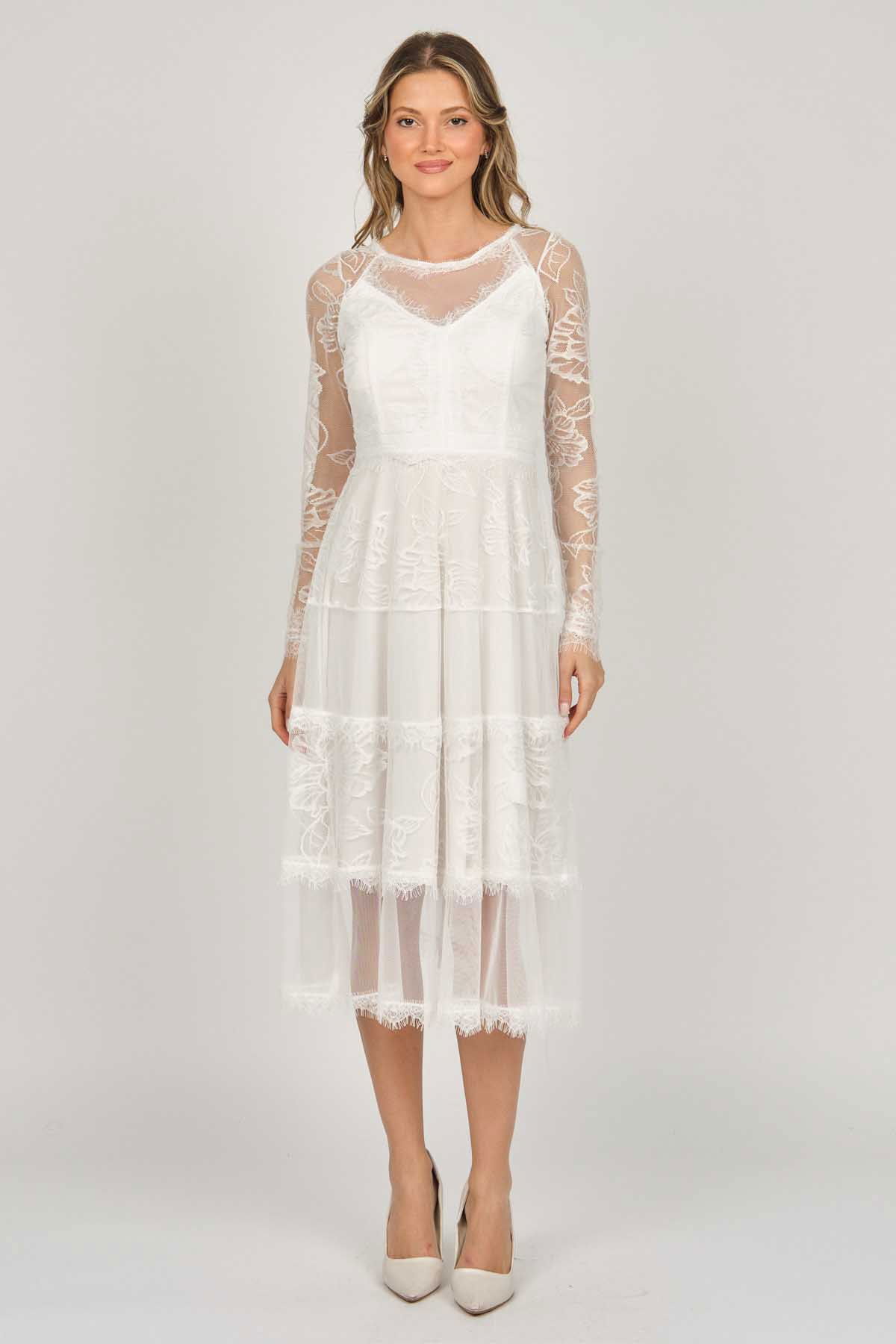 Dans Kadın Uzun Kollu Tül Abiye Elbise 5271146 Ekru - 1