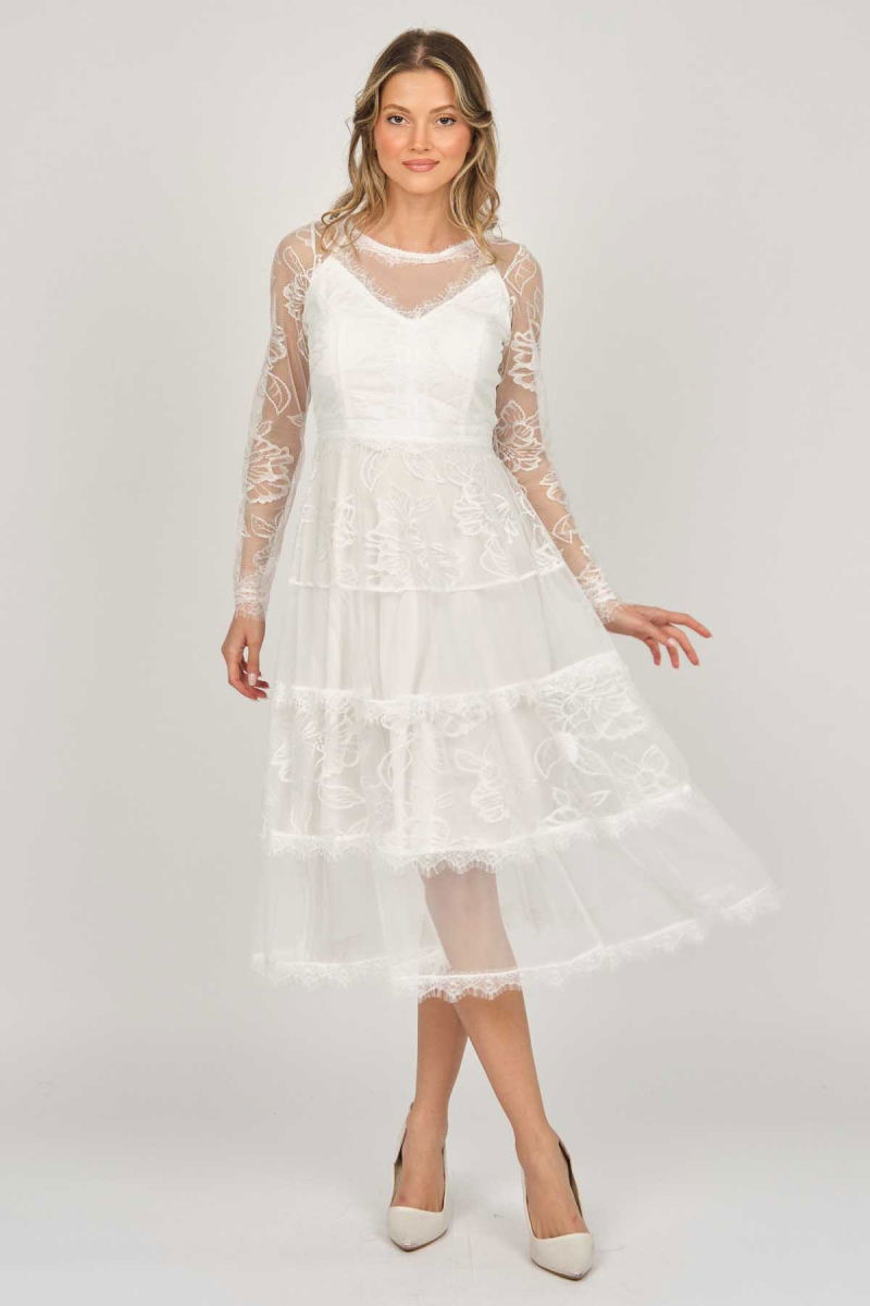 Dans Kadın Uzun Kollu Tül Abiye Elbise 5271146 Ekru - 3