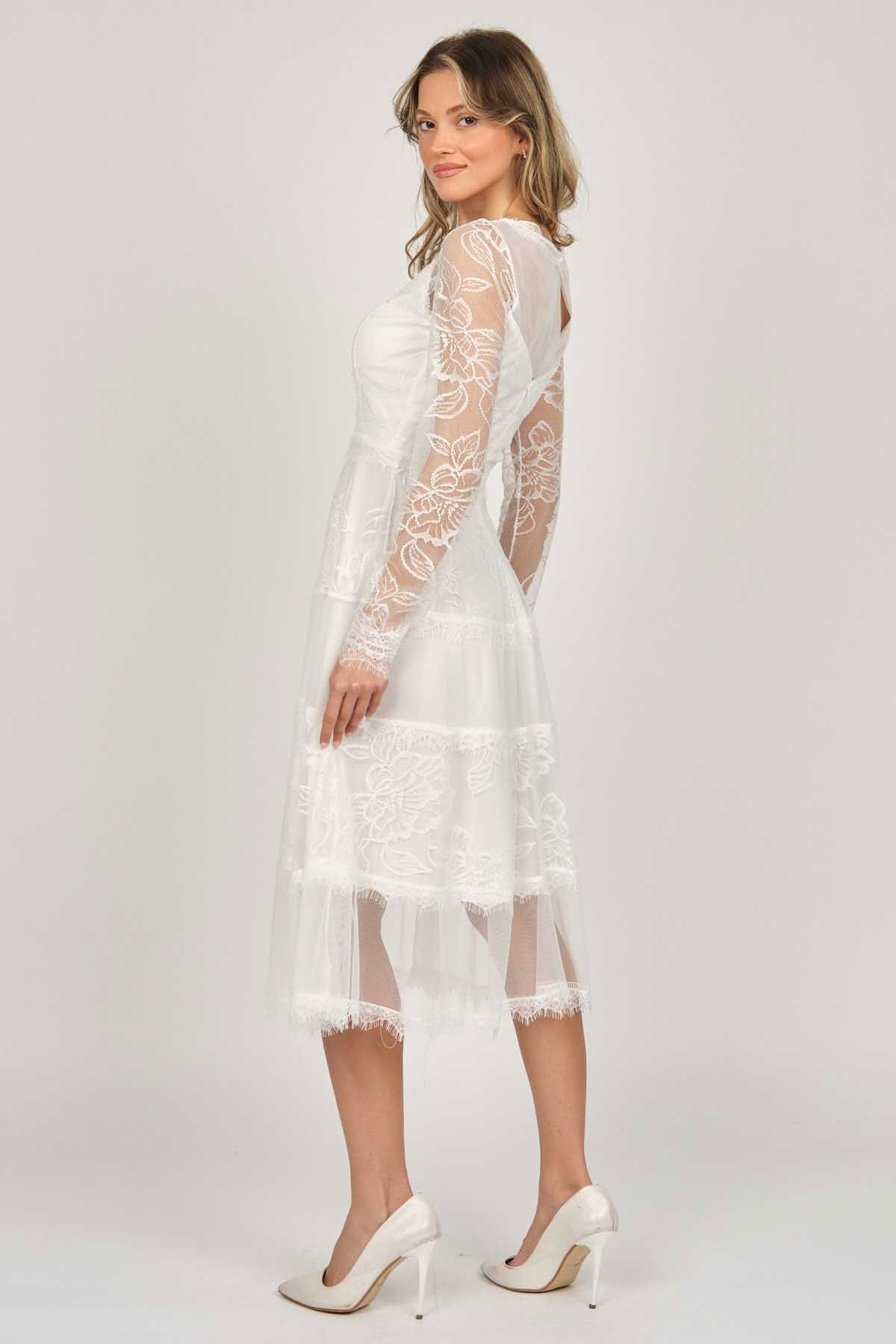 Dans Kadın Uzun Kollu Tül Abiye Elbise 5271146 Ekru - 4