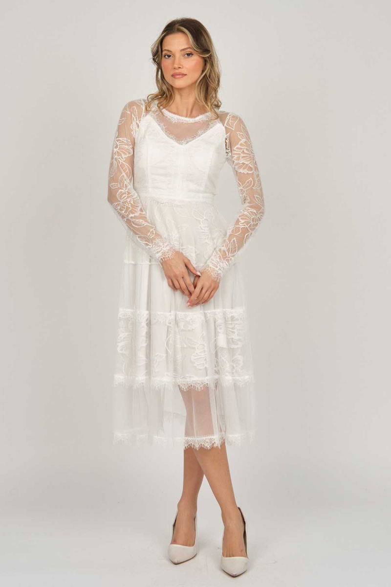 Dans Kadın Uzun Kollu Tül Abiye Elbise 5271146 Ekru - 6