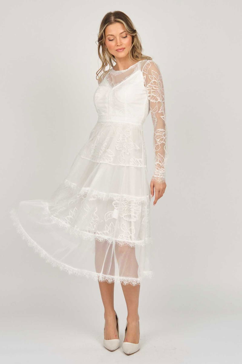 Dans Kadın Uzun Kollu Tül Abiye Elbise 5271146 Ekru - 7