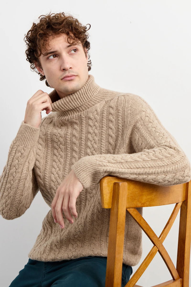 Desen Triko Erkek Balıkçı Yaka Saç Örgülü Yün Kazak 0242589 K. Bej - Desen Triko