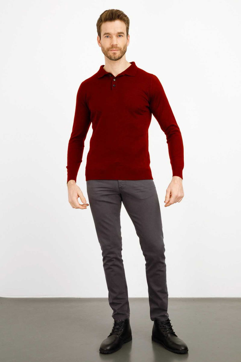 Desen Triko Erkek Basic Polo Yaka İnce Triko Kazak 02421601 Bordo - 2