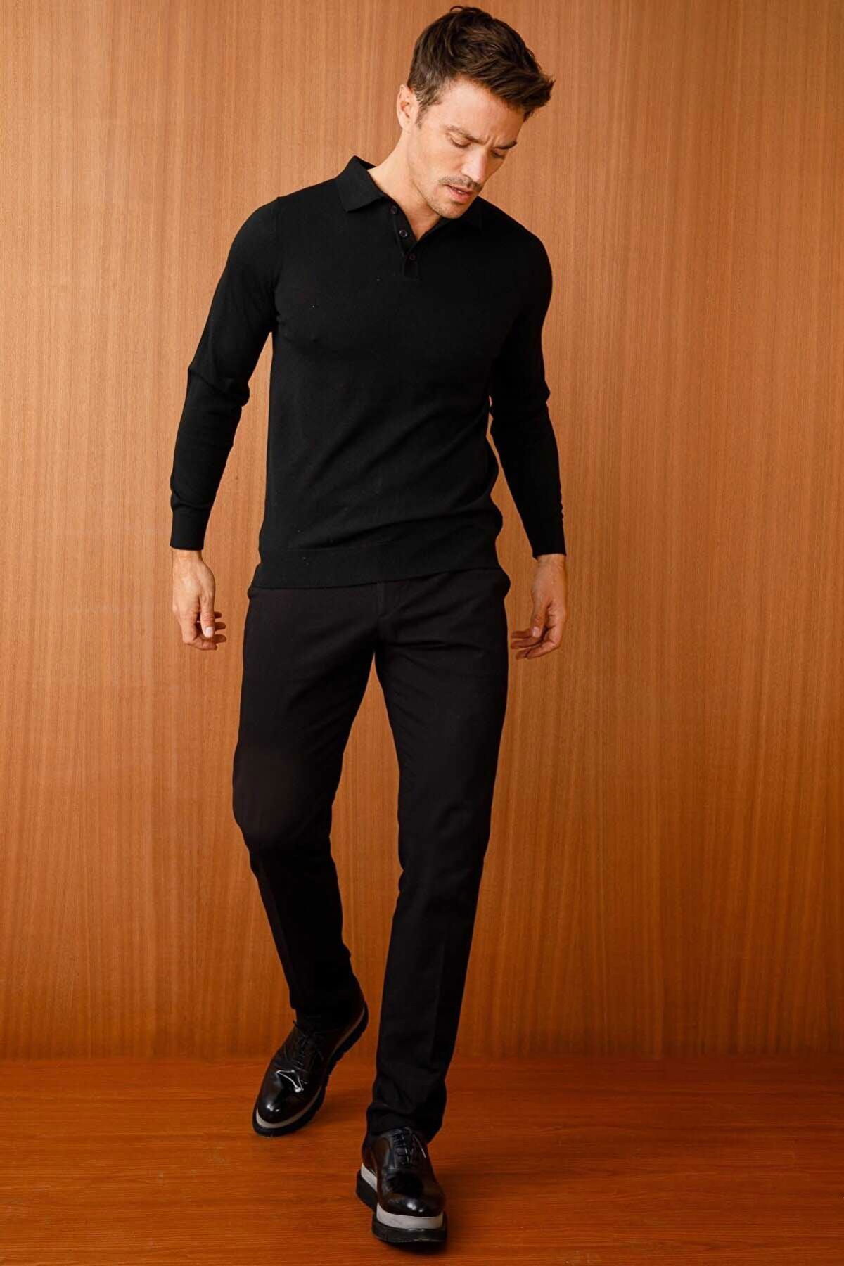 Desen Triko Erkek Basic Polo Yaka İnce Triko Kazak 02421601 Siyah - 2