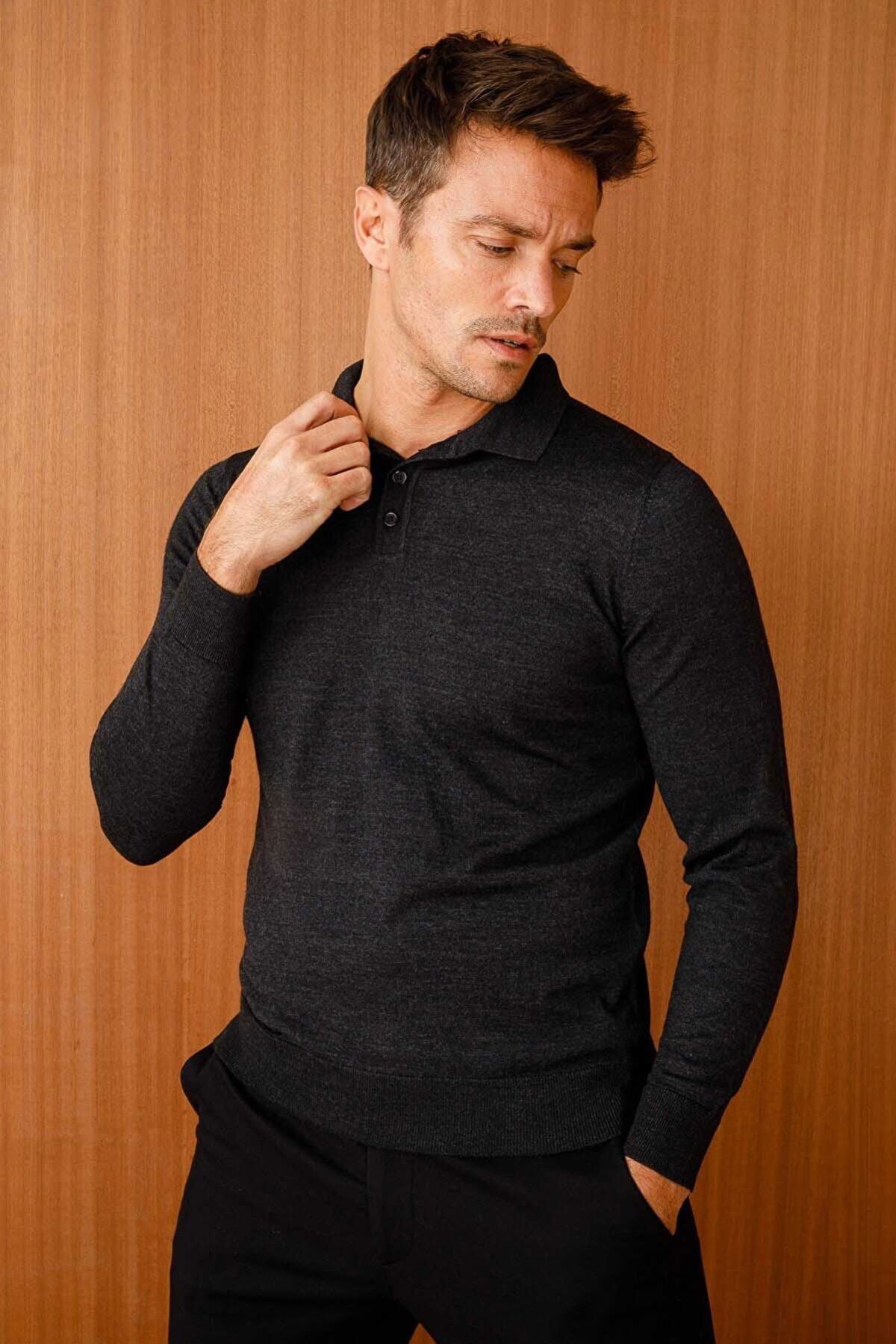 Desen Triko Erkek Basic Polo Yaka İnce Triko Kazak 02421601 Siyah - 4