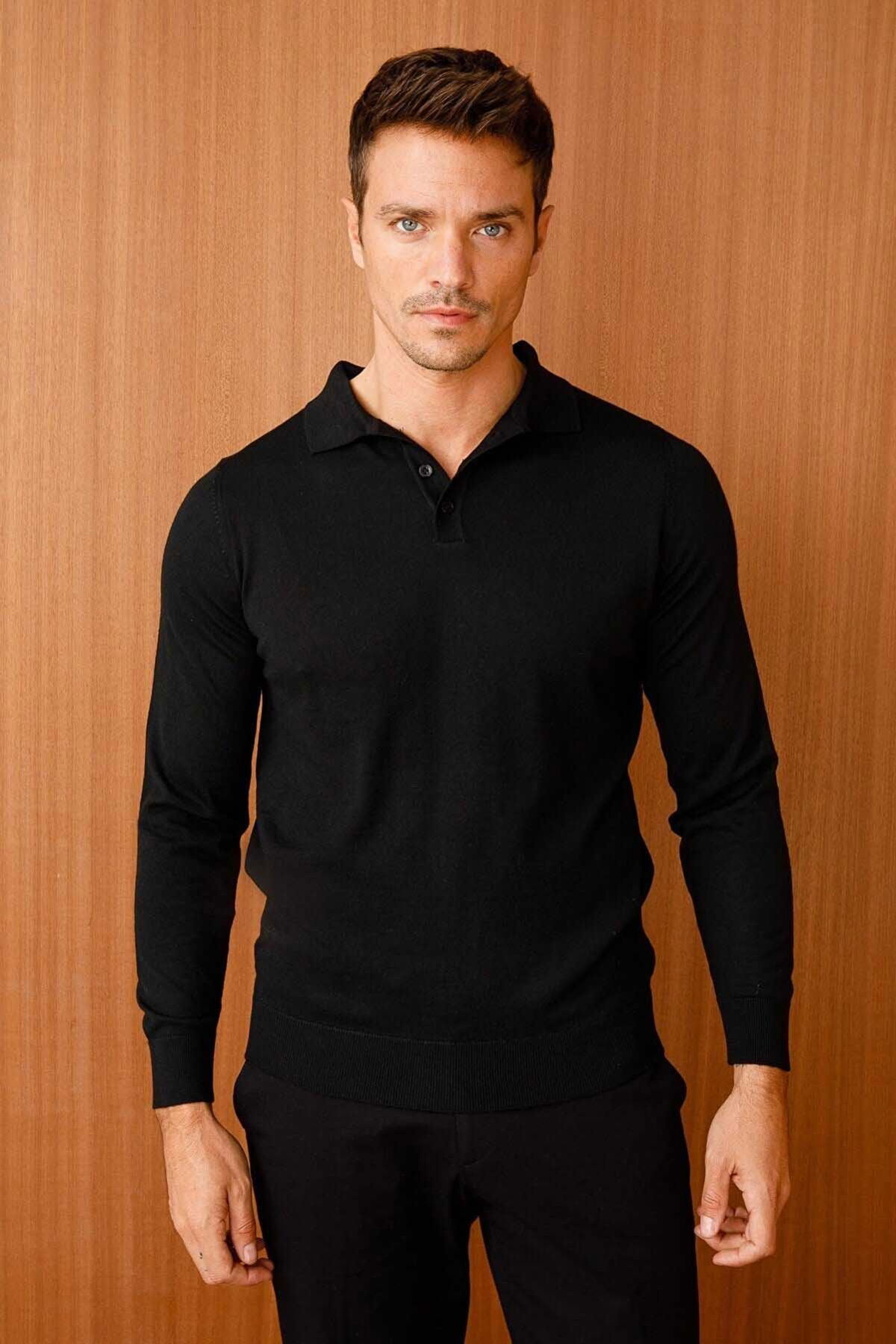 Desen Triko Erkek Basic Polo Yaka İnce Triko Kazak 02421601 Siyah - 5