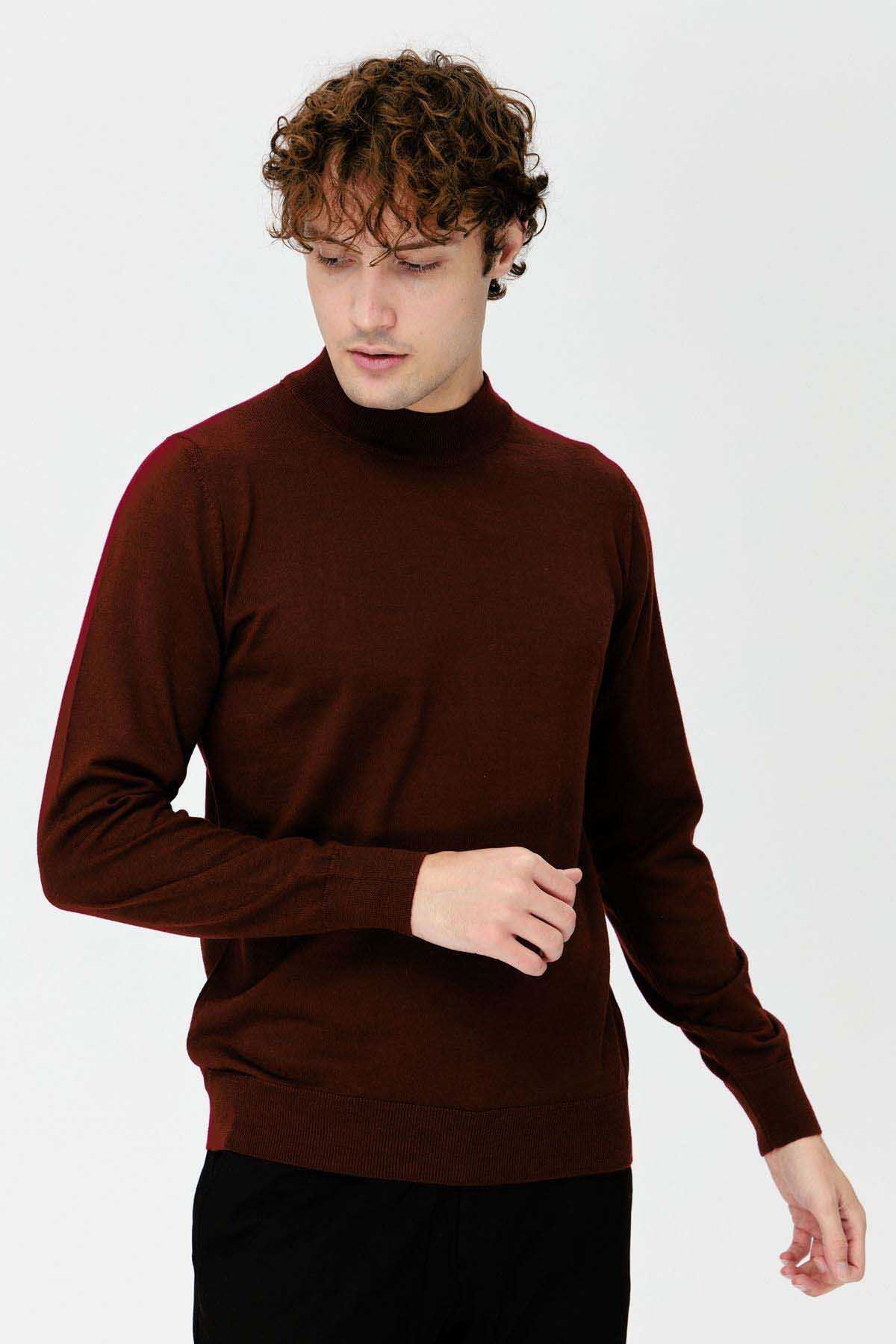 Desen Triko Erkek Basic Yarım Balıkçı İnce Triko Kazak 02421604 Bordo - 1