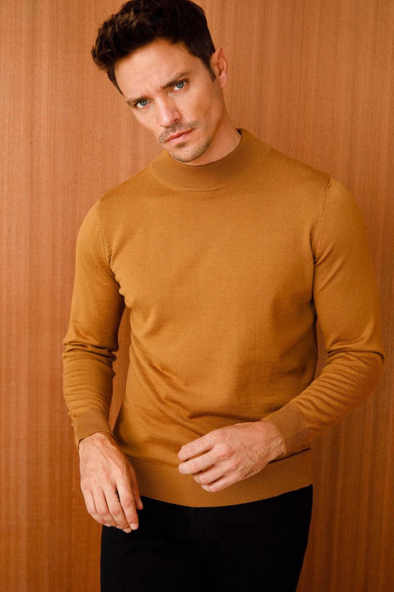 Desen Triko Erkek Basic Yarım Balıkçı İnce Triko Kazak 02421604 Camel - 2